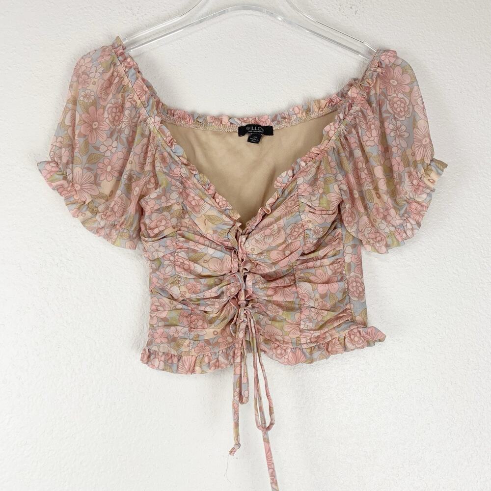 Willow Shirt Womens XS Cottagecore Mesh Crop Top Lace Up Coquette Boho Fairy